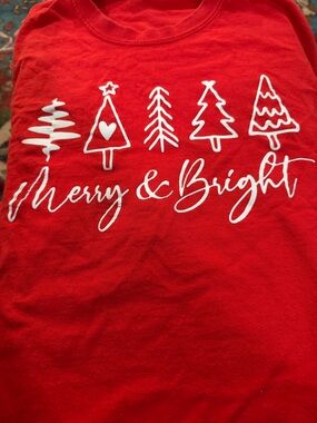 Gildan Red Tee with White Graphic Christmas trees
